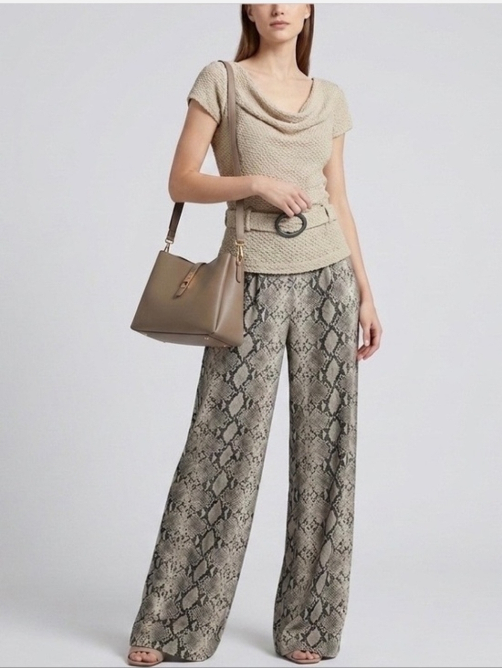 Joseph Ribkoff Size 12 JumpsuitCream Top with Neutral Snake-Print Wide-Leg Pants